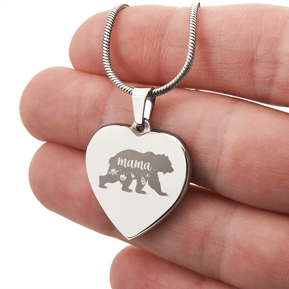 Mama Bear Engraved Heart Pendant Necklace - Engraved Heart Pendant with Gift Box, Mother's Day Gift for Mom