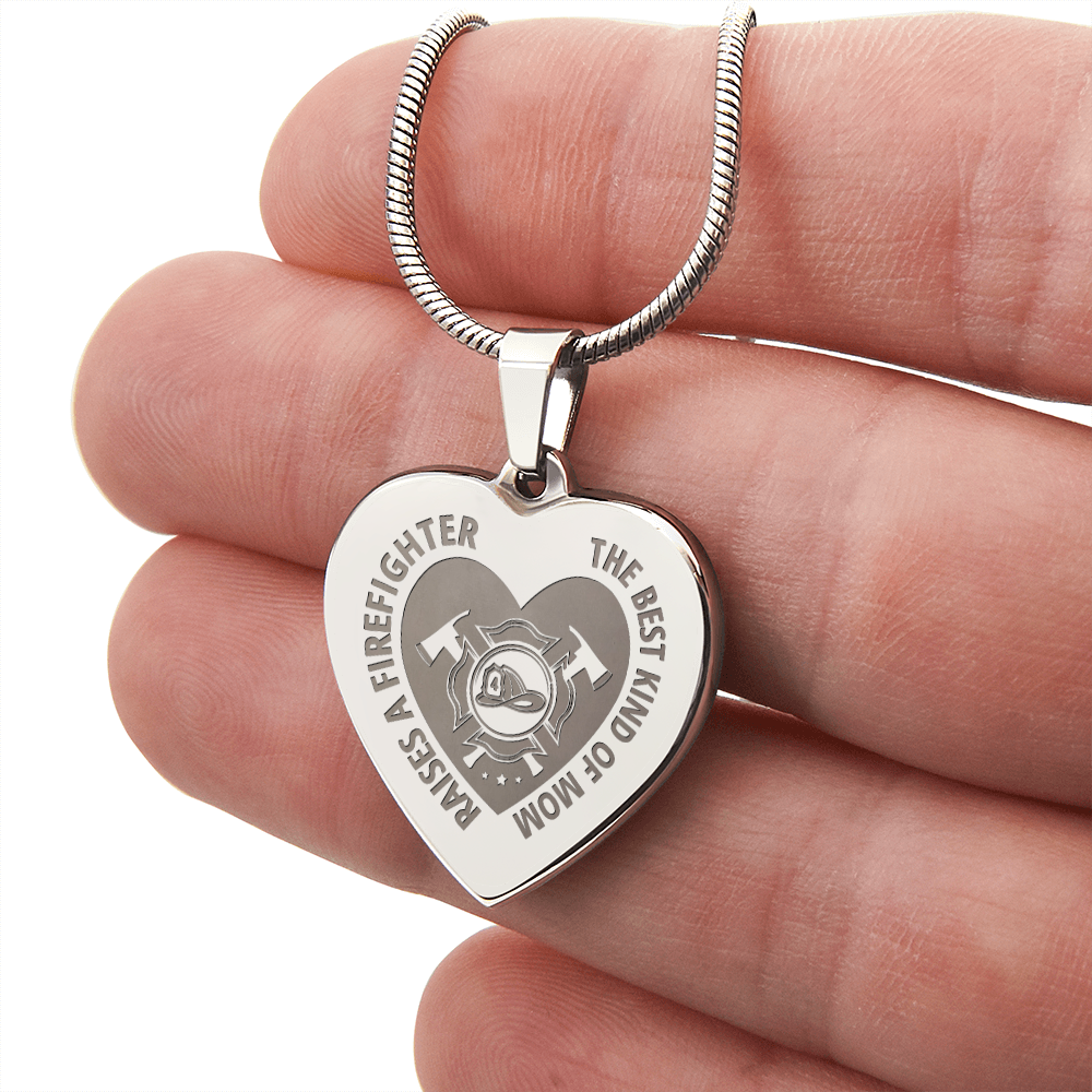 Best Kind Of Mom Raises A Firefighter Engraved Heart Pendant Necklace - Engraved Heart Pendant with Gift Box, Gift for Firefighter Mom