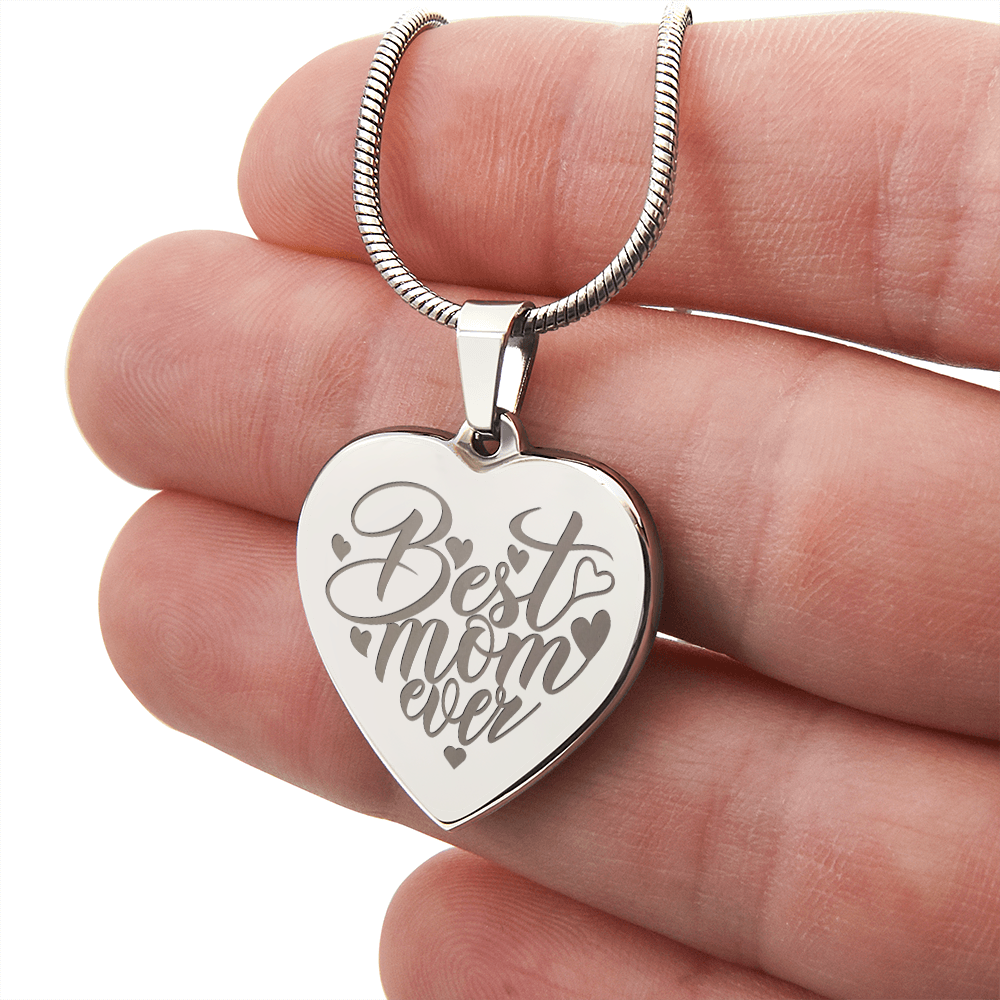 Best Mom Ever Engraved Heart Pendant Necklace - Engraved Heart Pendant with Gift Box, Mother's Day Gift for Mom