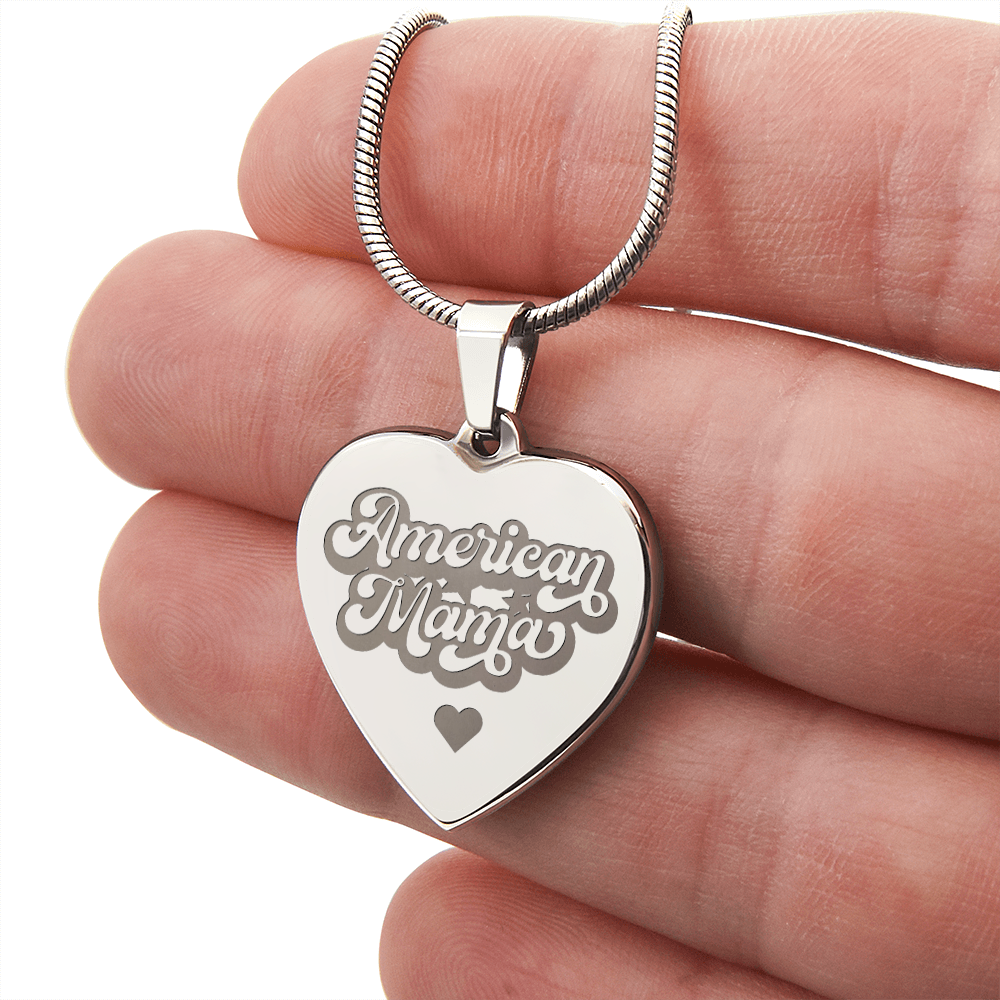 American Mama Engraved Heart Pendant Necklace - Engraved Heart Pendant with Gift Box, Patriotic Gift for Mom