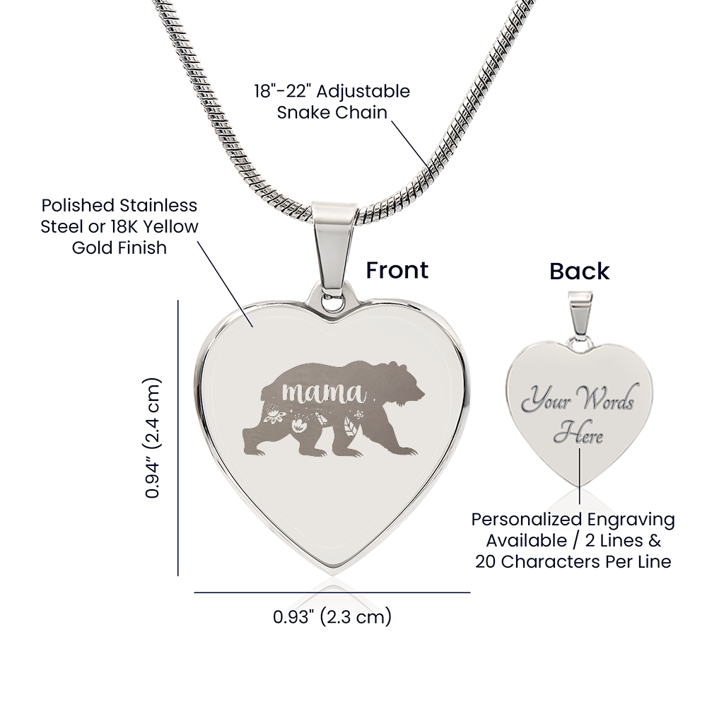 Mama Bear Engraved Heart Pendant Necklace - Engraved Heart Pendant with Gift Box, Mother's Day Gift for Mom