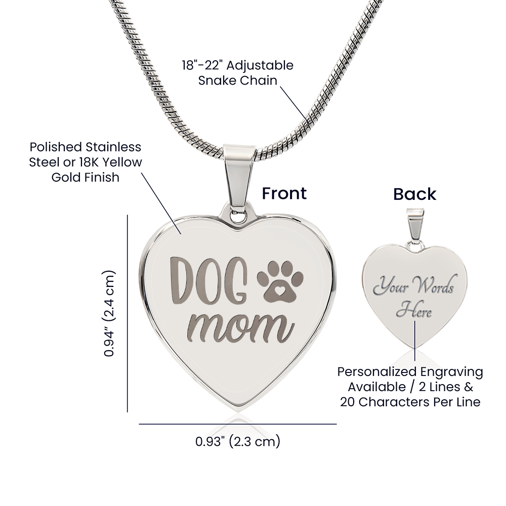 Dog Mom Engraved Heart Pendant Necklace - Engraved Heart Pendant with Gift Box, Gift for Dog Lovers