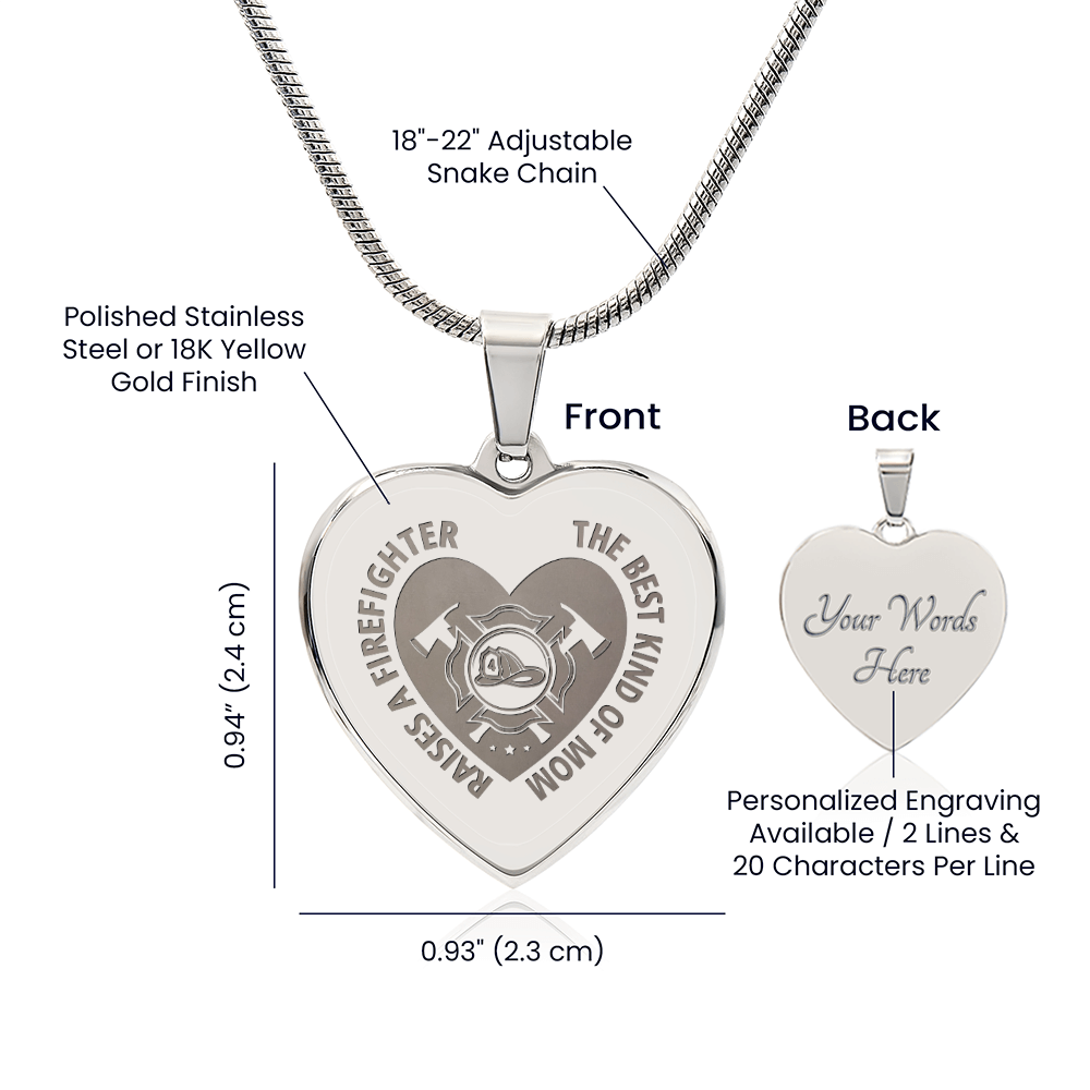 Best Kind Of Mom Raises A Firefighter Engraved Heart Pendant Necklace - Engraved Heart Pendant with Gift Box, Gift for Firefighter Mom