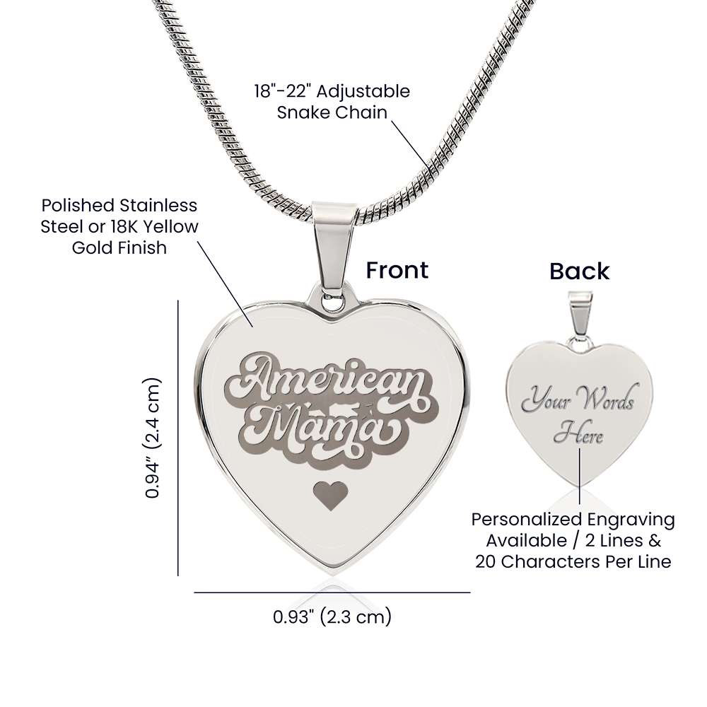 American Mama Engraved Heart Pendant Necklace - Engraved Heart Pendant with Gift Box, Patriotic Gift for Mom