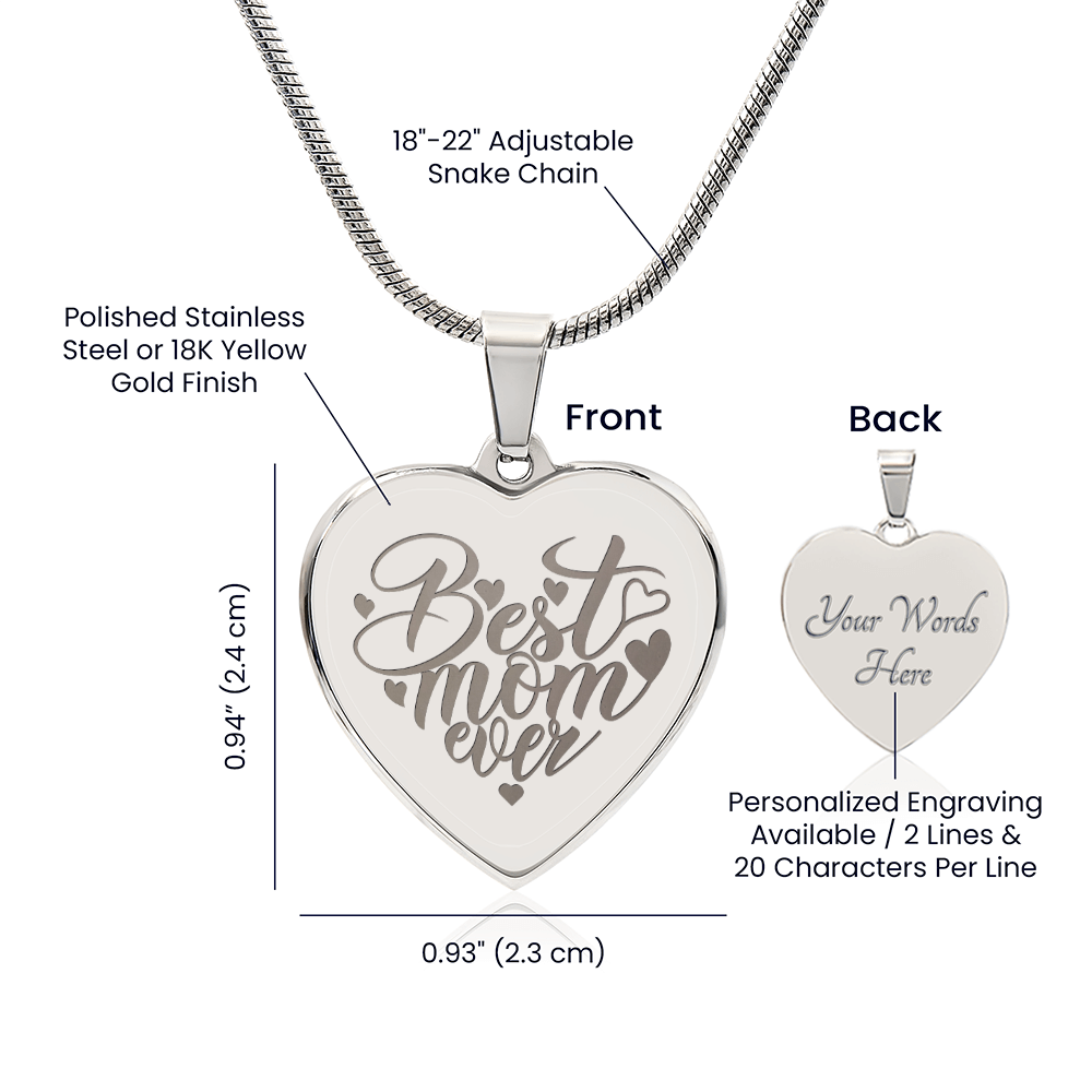 Best Mom Ever Engraved Heart Pendant Necklace - Engraved Heart Pendant with Gift Box, Mother's Day Gift for Mom