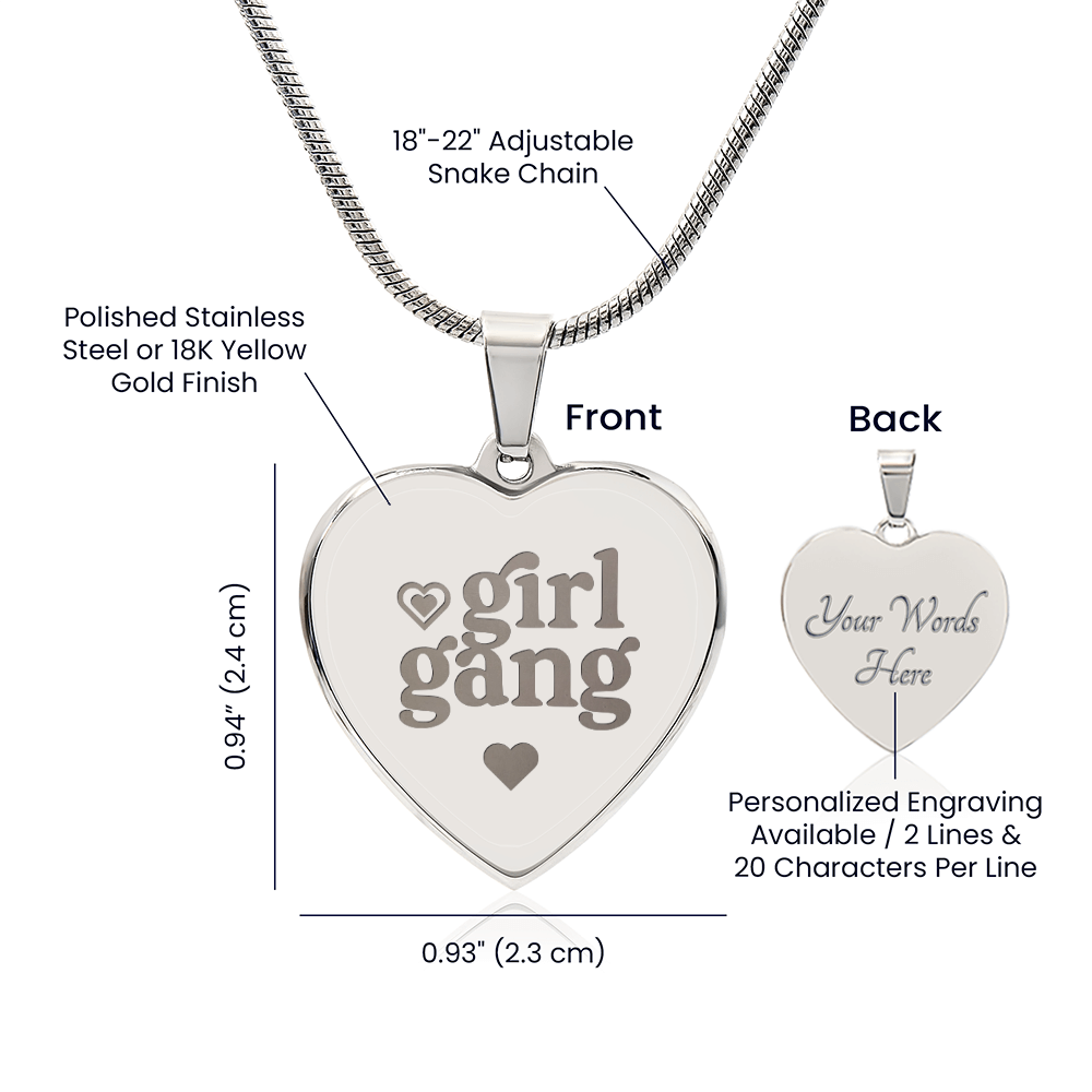 Girl Gang Engraved Heart Pendant Necklace - Engraved Heart Pendant with Gift Box, Gift for Best Friends