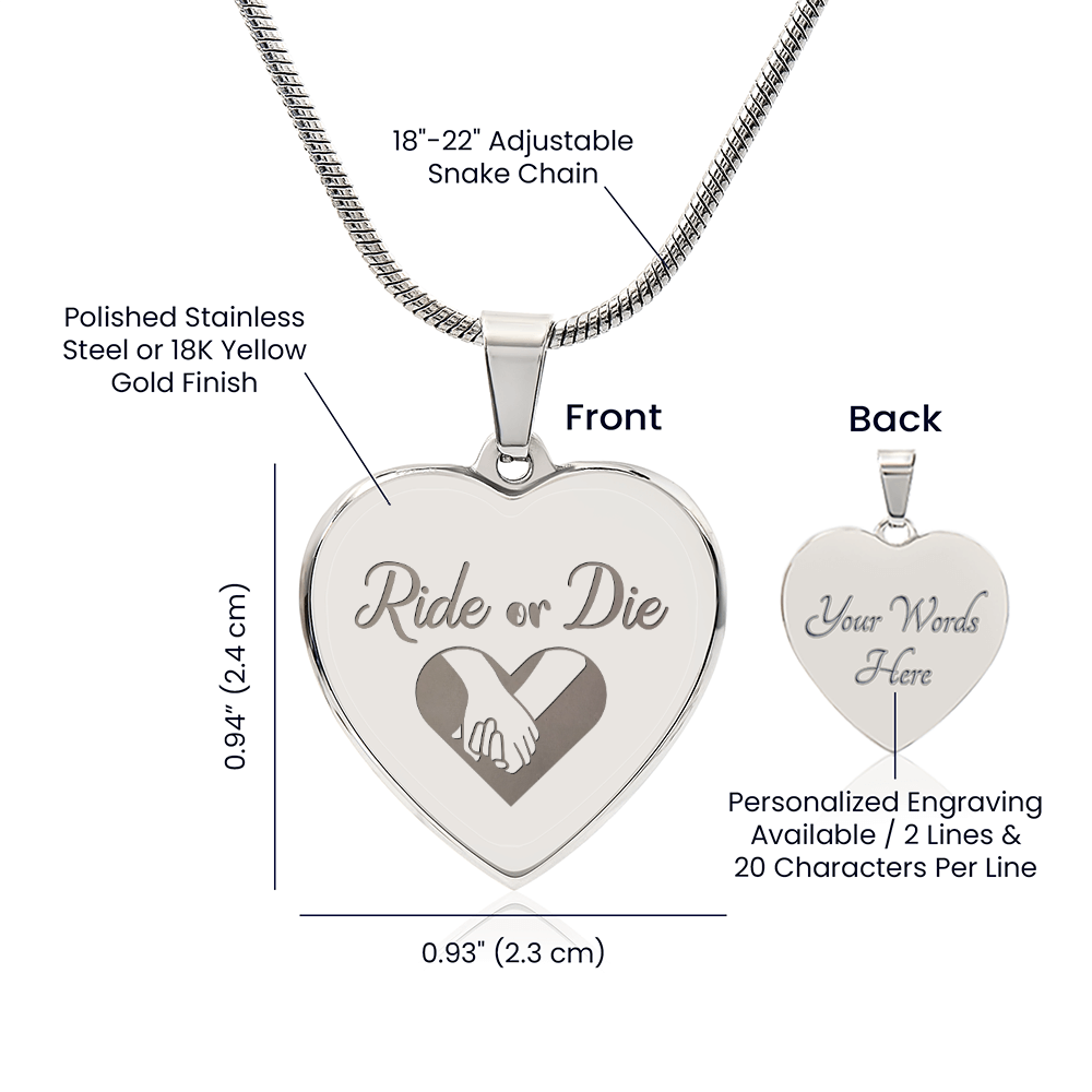 Ride Or Die Engraved Heart Pendant Necklace - Engraved Heart Pendant with Gift Box, Gift for Best Friend