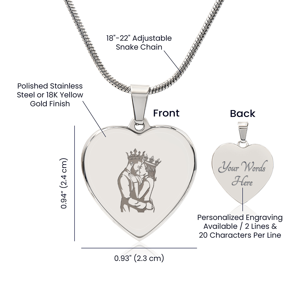 King and Queen Couple Engraved Heart Pendant Necklace - Engraved Heart Pendant with Gift Box, Anniversary Gift for Couples