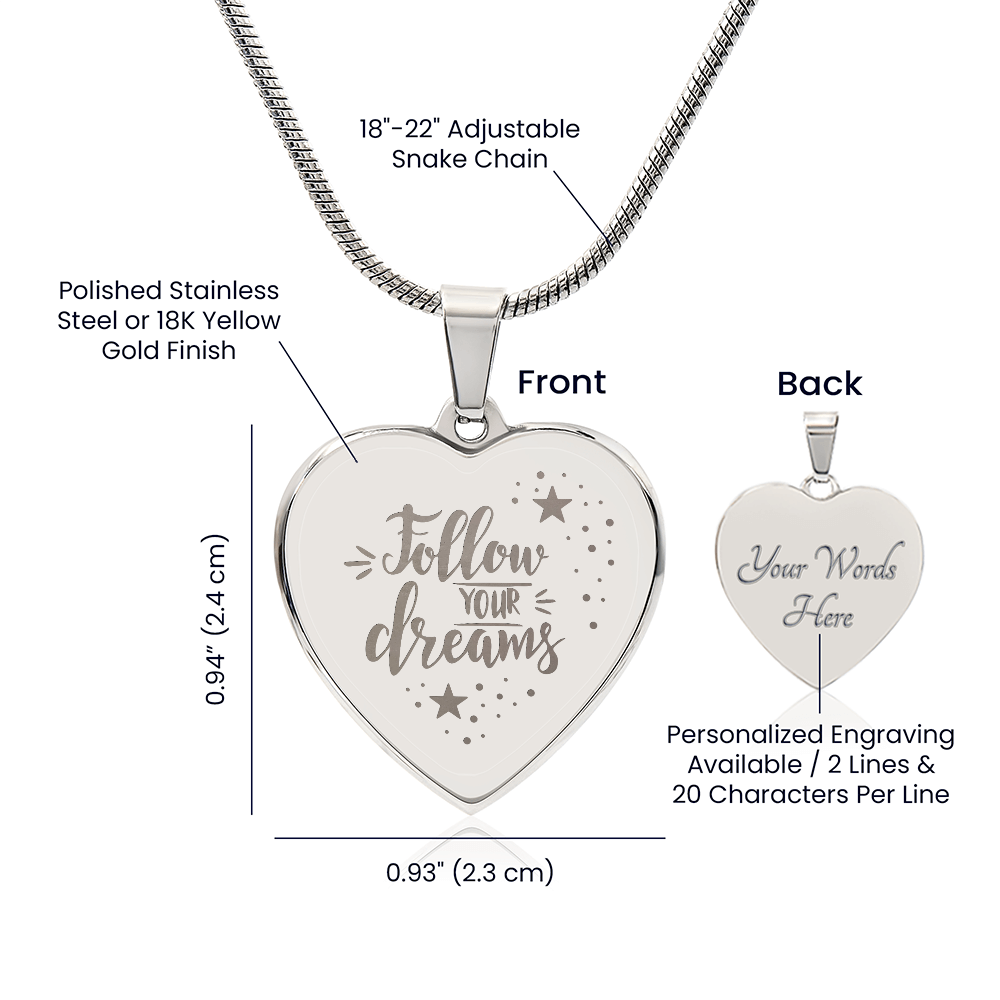 Follow Your Dreams Engraved Heart Pendant Necklace - Engraved Heart Pendant with Gift Box, Graduation Gift for Her