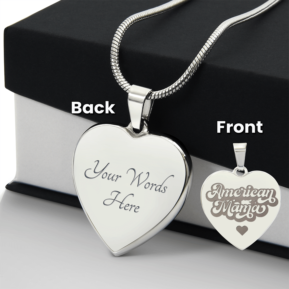 American Mama Engraved Heart Pendant Necklace - Engraved Heart Pendant with Gift Box, Patriotic Gift for Mom