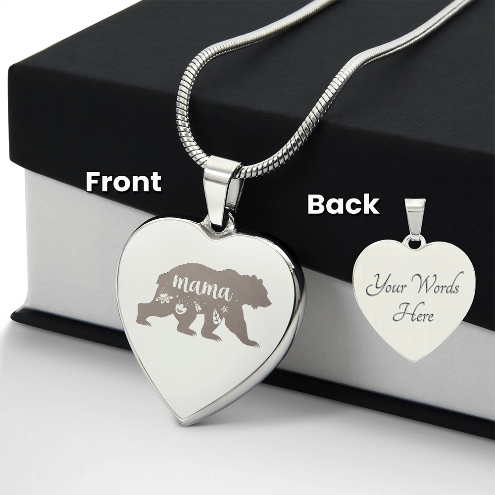 Mama Bear Engraved Heart Pendant Necklace - Engraved Heart Pendant with Gift Box, Mother's Day Gift for Mom