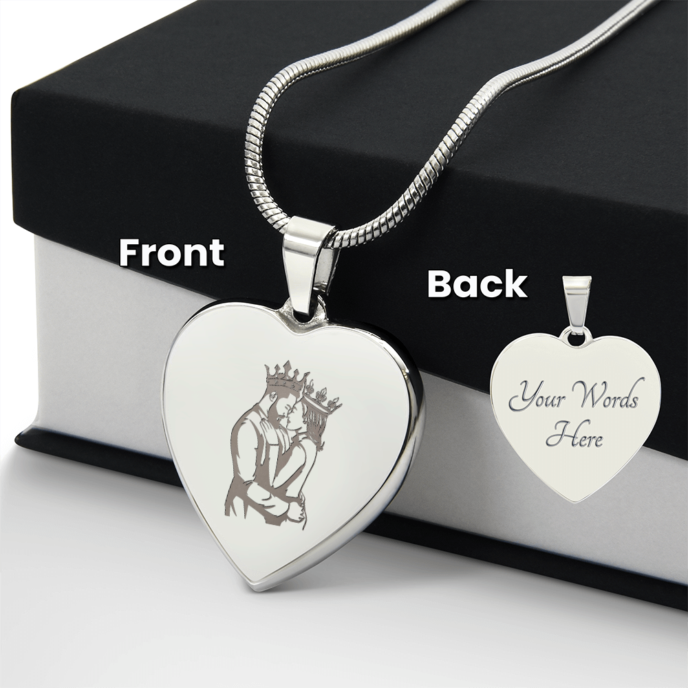 King and Queen Couple Engraved Heart Pendant Necklace - Engraved Heart Pendant with Gift Box, Anniversary Gift for Couples