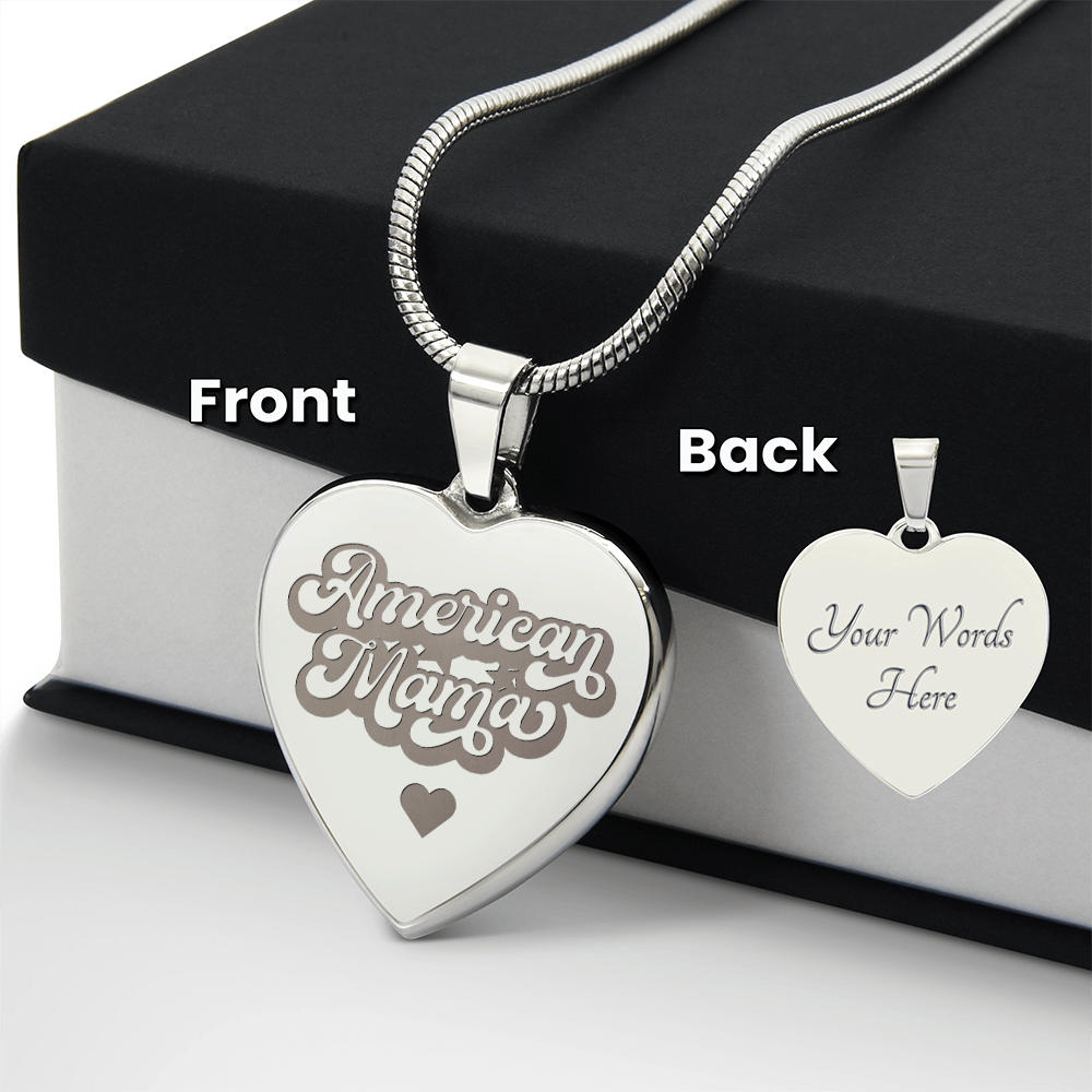 American Mama Engraved Heart Pendant Necklace - Engraved Heart Pendant with Gift Box, Patriotic Gift for Mom