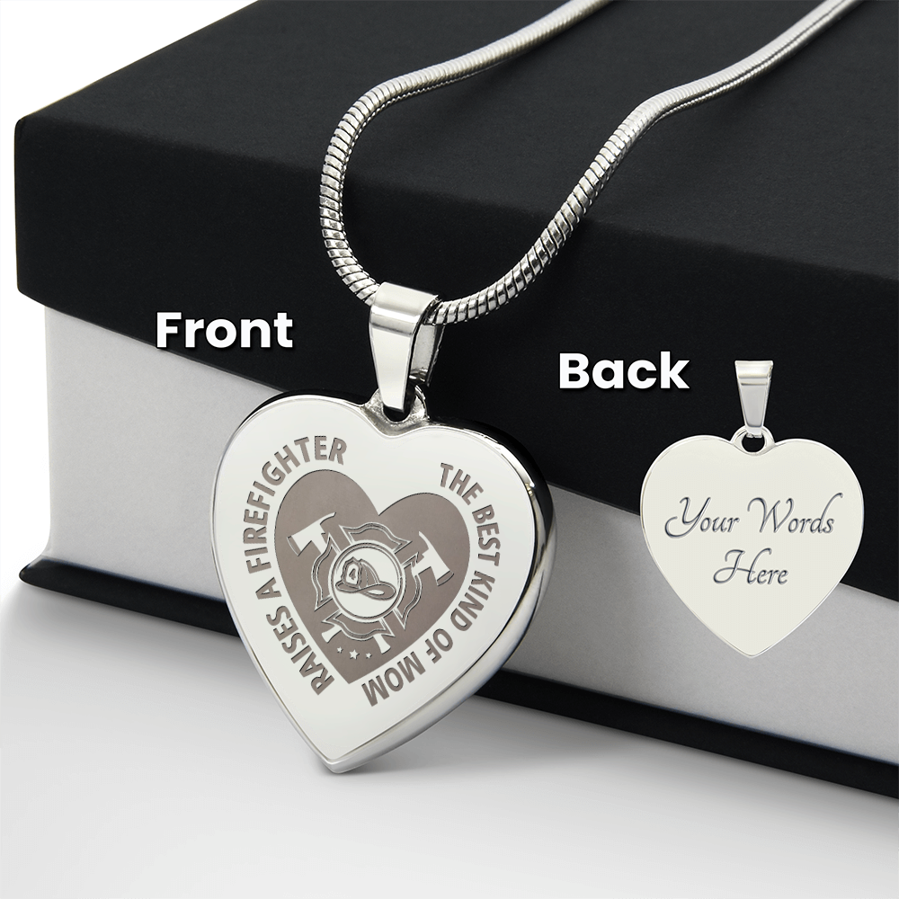 Best Kind Of Mom Raises A Firefighter Engraved Heart Pendant Necklace - Engraved Heart Pendant with Gift Box, Gift for Firefighter Mom