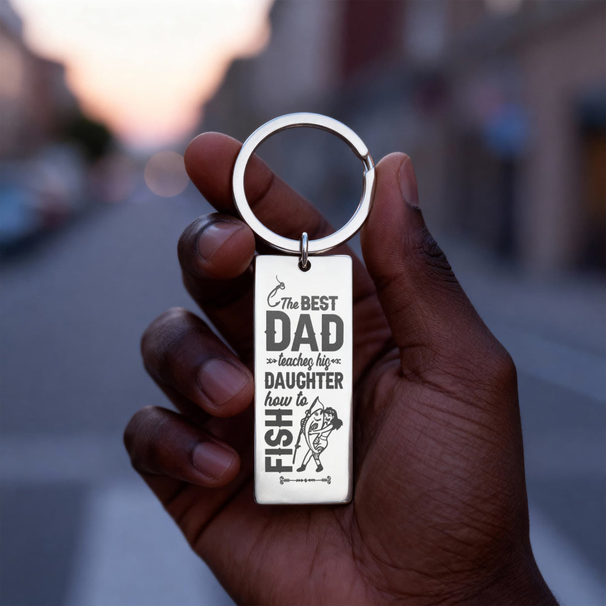 The Best Dad Teaches His Daughter How To Fish - Engraved Rectangle Keychain