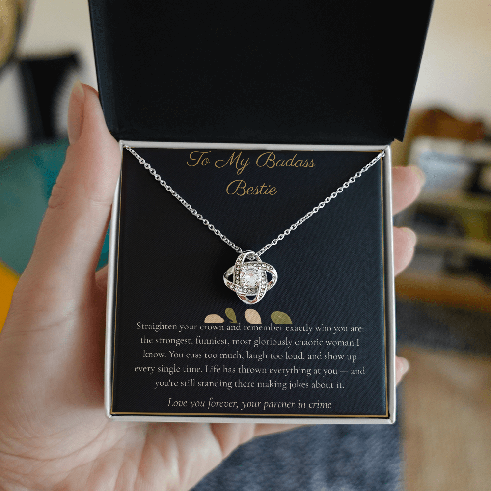 To My Badass Bestie Necklace - Love Knot Pendant with Message Card, Funny Christmas Gift for Best Friend