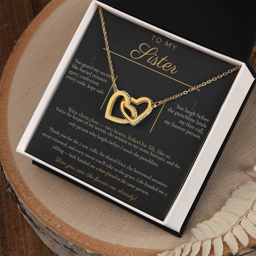 To My Sister Necklace - Interlocking Hearts Pendant with Message Card, Funny Christmas Gift for Sister