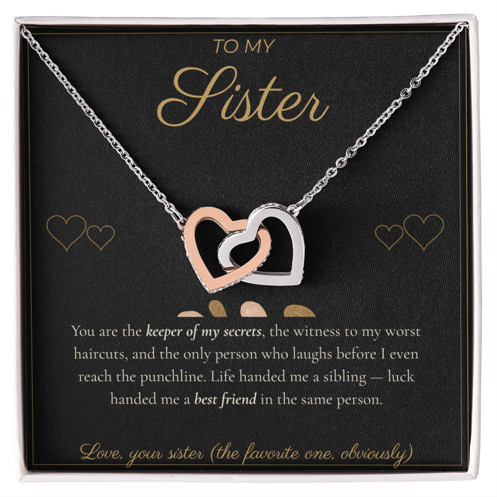 To My Sister Necklace - Interlocking Hearts Pendant with Message Card, Funny Christmas Gift for Sister