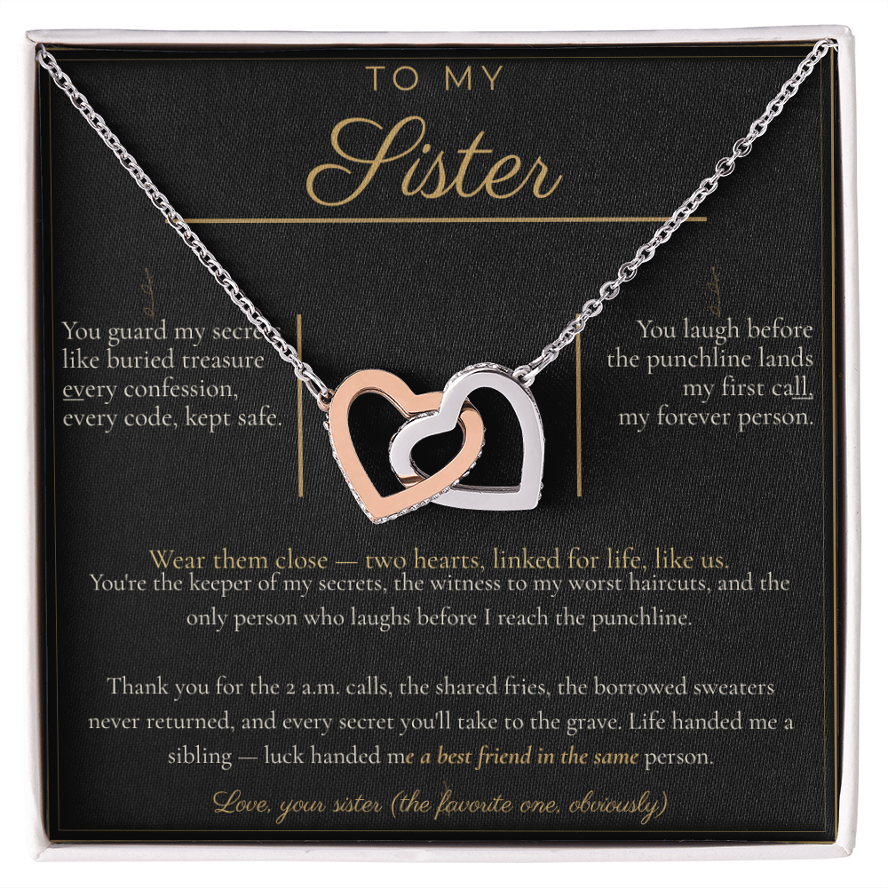 To My Sister Necklace - Interlocking Hearts Pendant with Message Card, Funny Christmas Gift for Sister