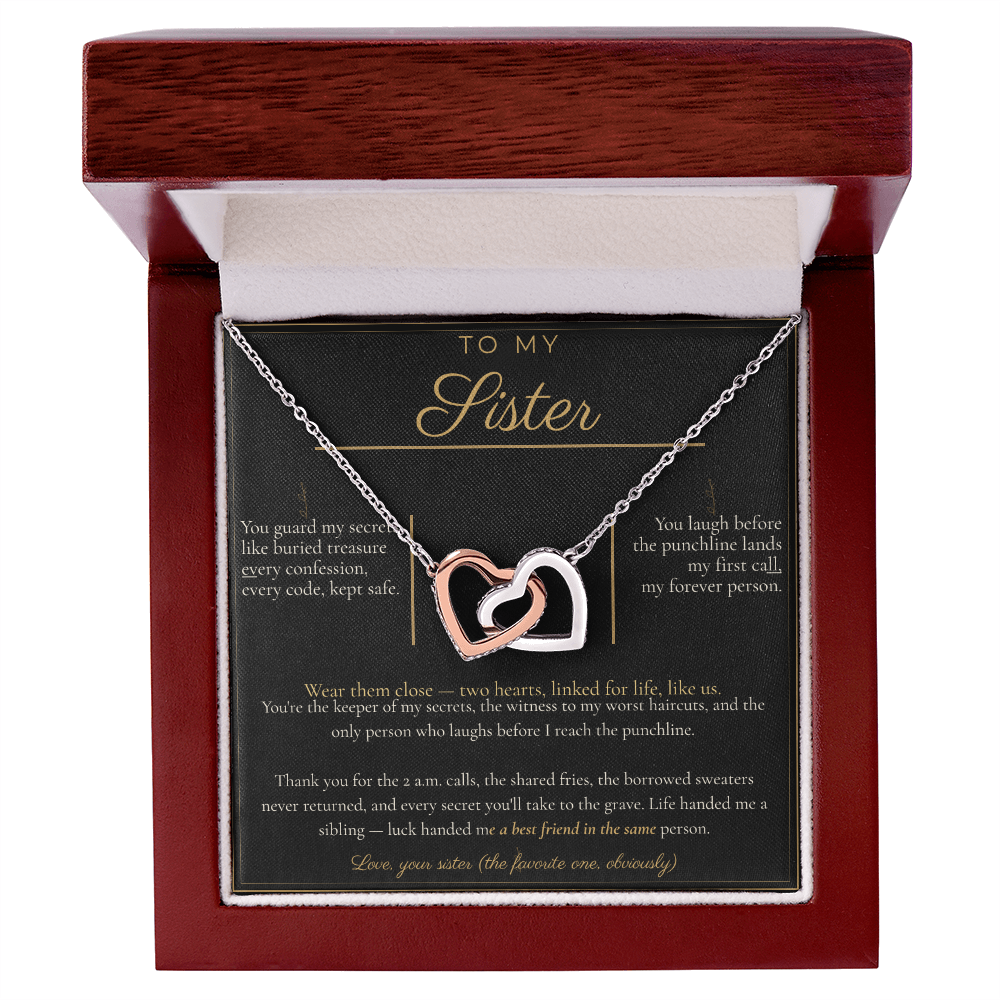 To My Sister Necklace - Interlocking Hearts Pendant with Message Card, Funny Christmas Gift for Sister