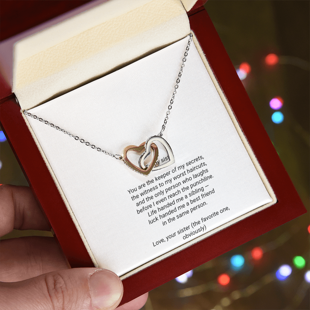 To My Sister Necklace - Interlocking Hearts Pendant with Message Card, Funny Christmas Gift for Sister