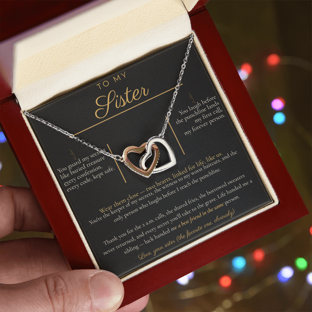 To My Sister Necklace - Interlocking Hearts Pendant with Message Card, Funny Christmas Gift for Sister