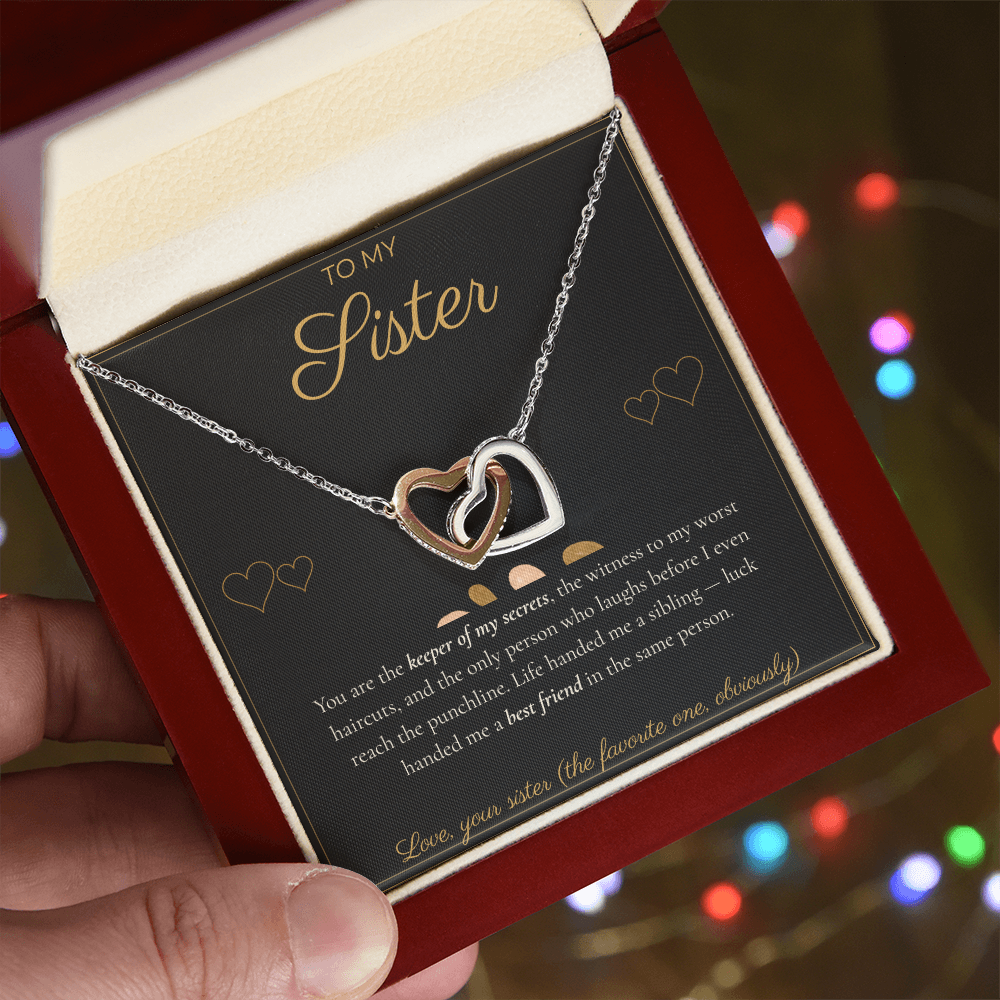 To My Sister Necklace - Interlocking Hearts Pendant with Message Card, Funny Christmas Gift for Sister