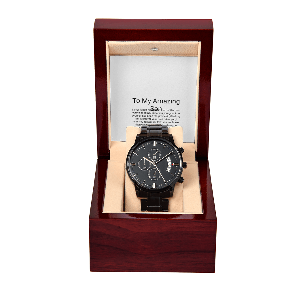 To My Son — Black Chronograph Watch with Message Card, Christmas Gift for Son from Parents
