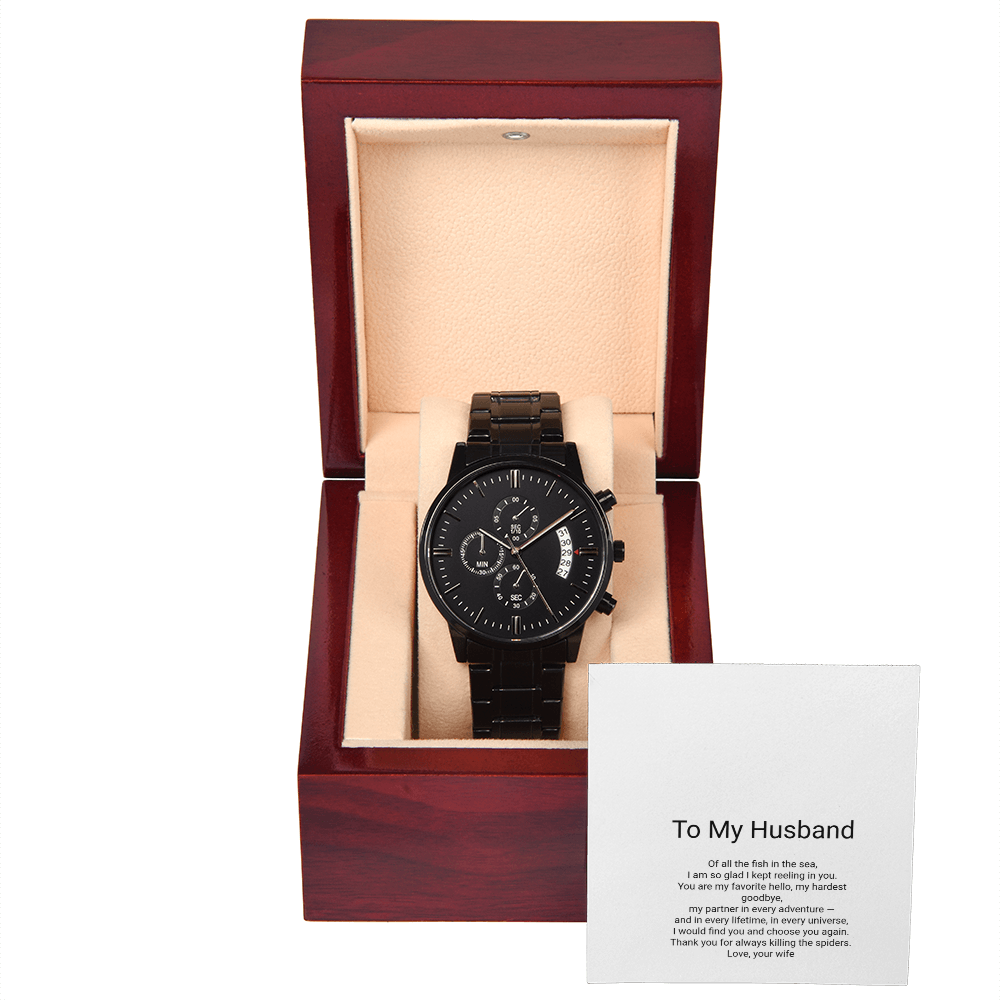 To My Husband — Black Chronograph Watch with Message Card, Romantic Christmas Gift for Husband