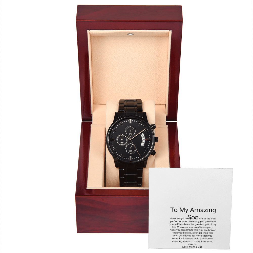 To My Son — Black Chronograph Watch with Message Card, Christmas Gift for Son from Parents
