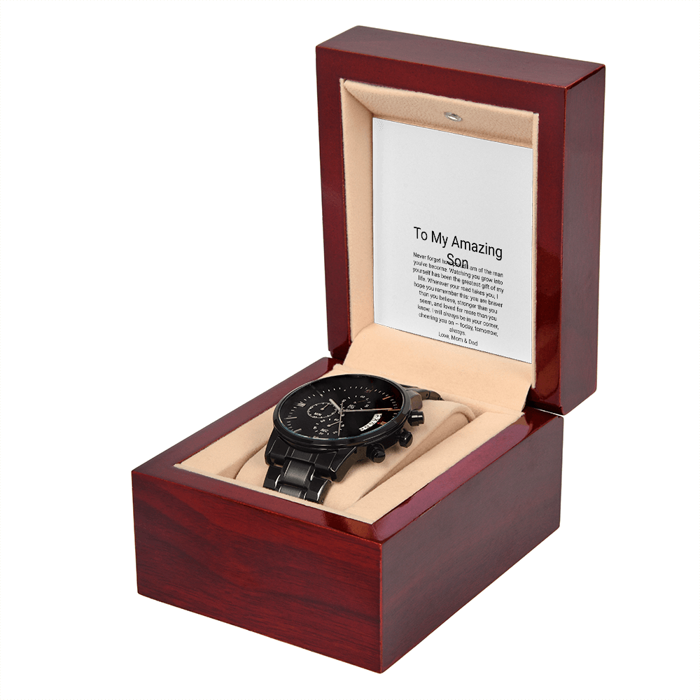To My Son — Black Chronograph Watch with Message Card, Christmas Gift for Son from Parents