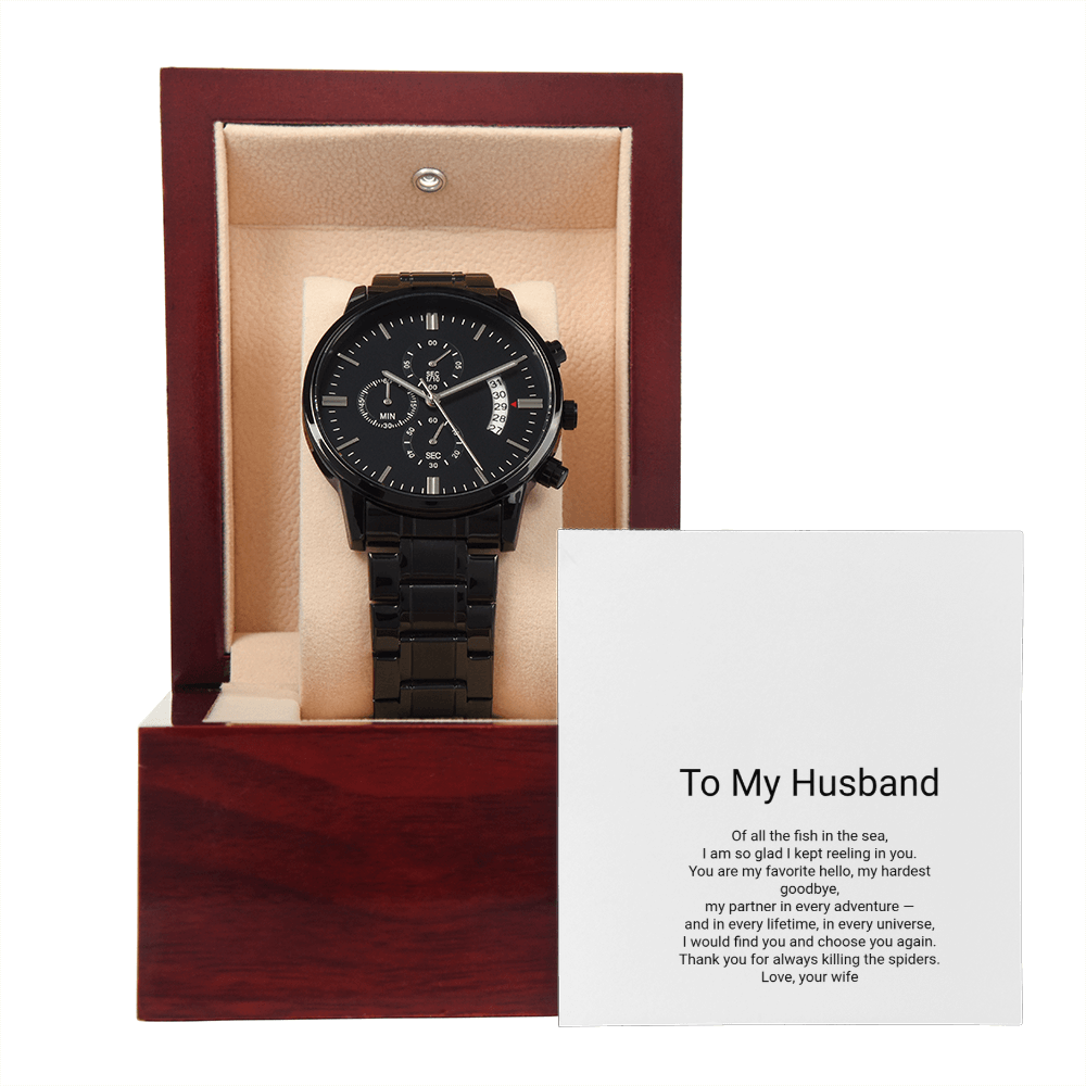 To My Husband — Black Chronograph Watch with Message Card, Romantic Christmas Gift for Husband