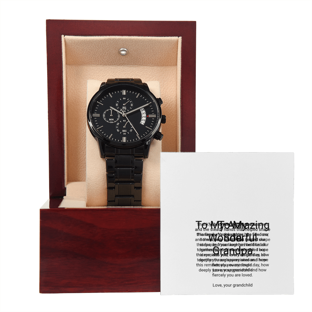 To My Grandpa — Black Chronograph Watch with Message Card, Christmas Gift for Grandpa