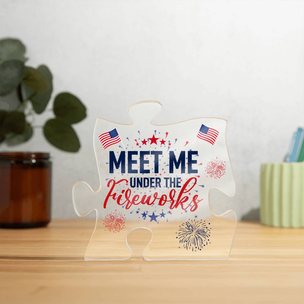 Meet Me Under The Fireworks Acrylic Puzzle Plaque - 4th Of July Patriotic Gift, USA