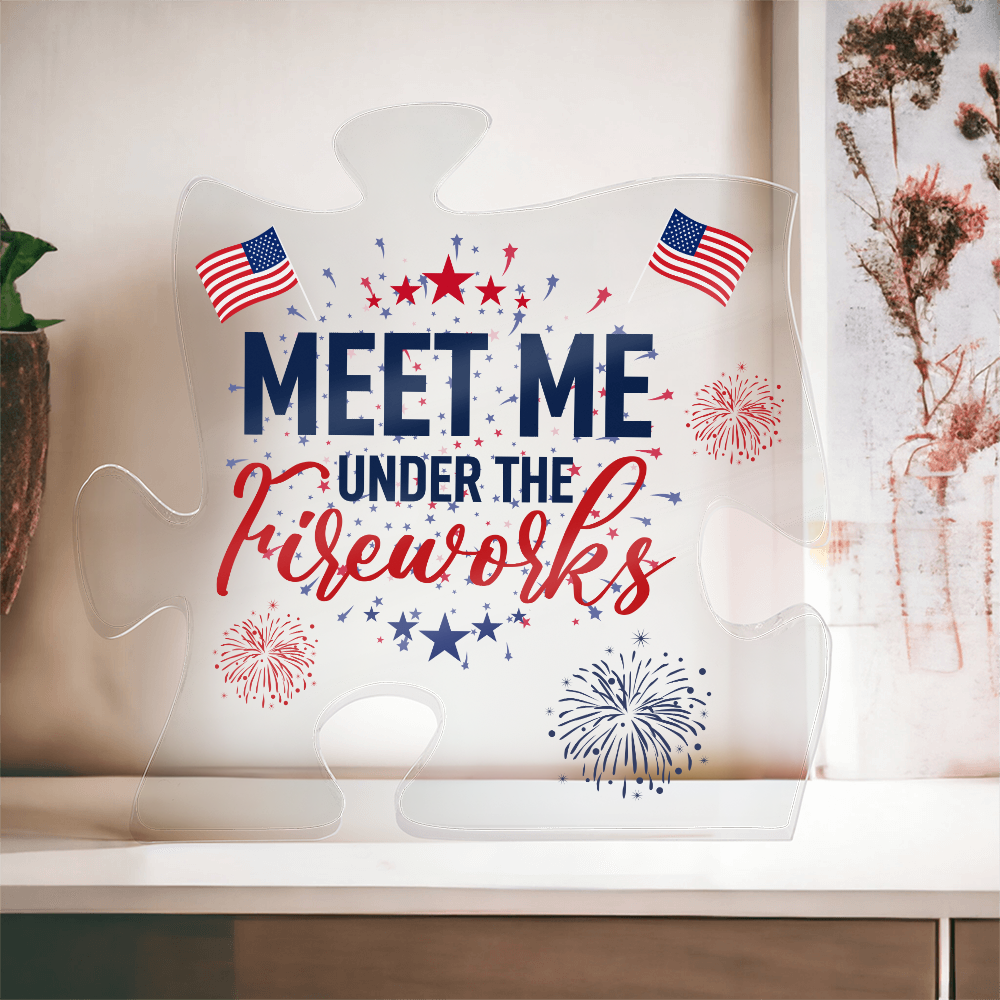 Meet Me Under The Fireworks Acrylic Puzzle Plaque - 4th Of July Patriotic Gift, USA