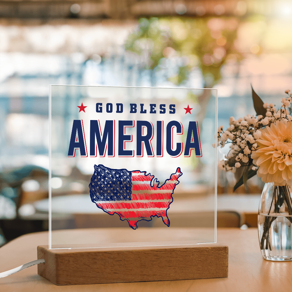 God Bless America Acrylic Square Plaque - Patriotic Home Decor Gift
