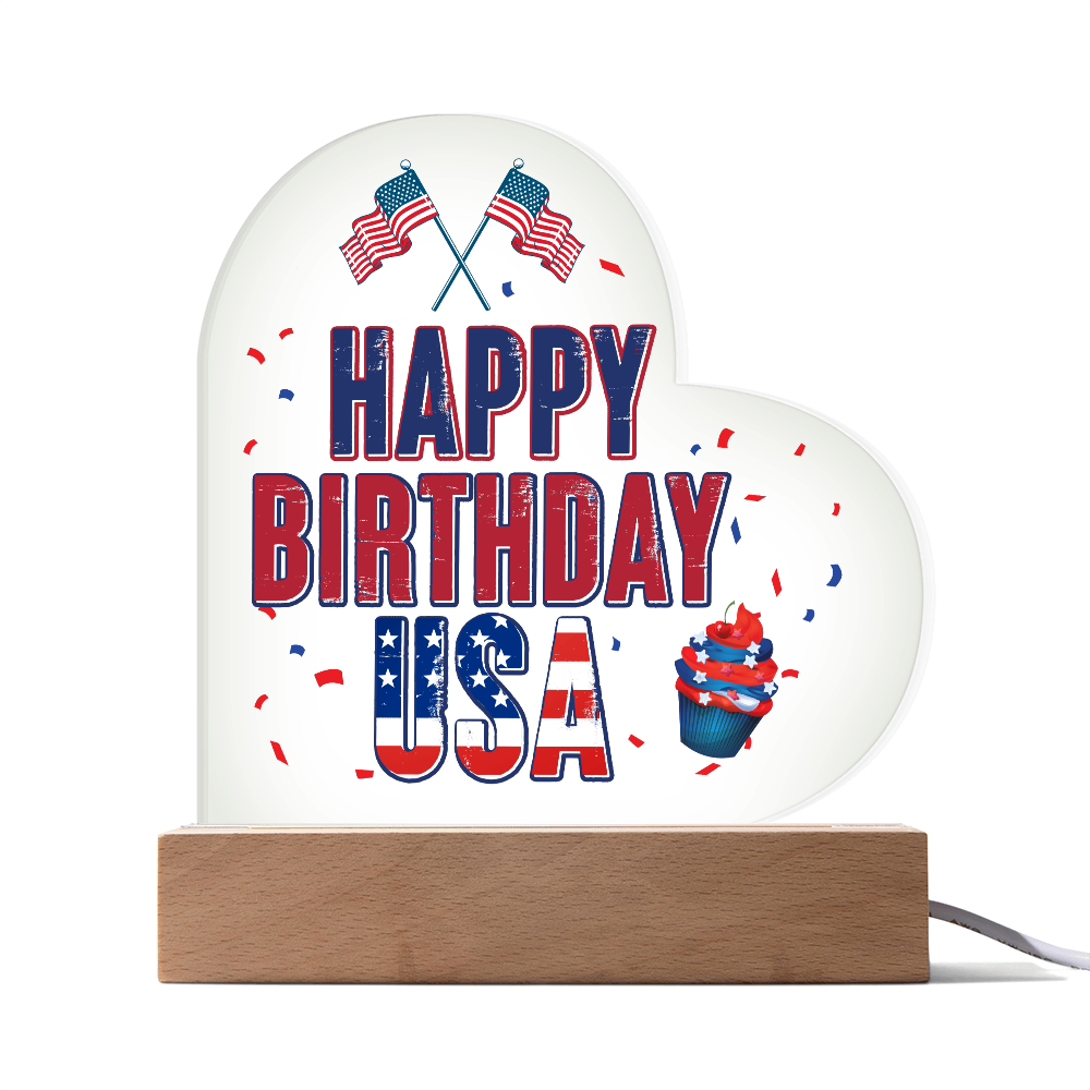 Happy Birthday USA Acrylic Heart Plaque - Patriotic Home Decor Gift