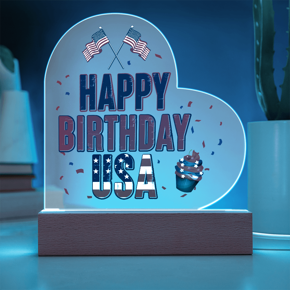 Happy Birthday USA Acrylic Heart Plaque - Patriotic Home Decor Gift