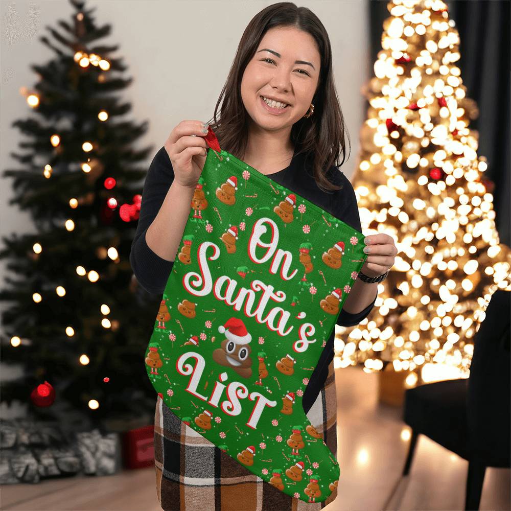 On Santa's List Giant Christmas Stocking, Funny Holiday Stocking Decor, Green Plaid Reindeer Gingerbread Print