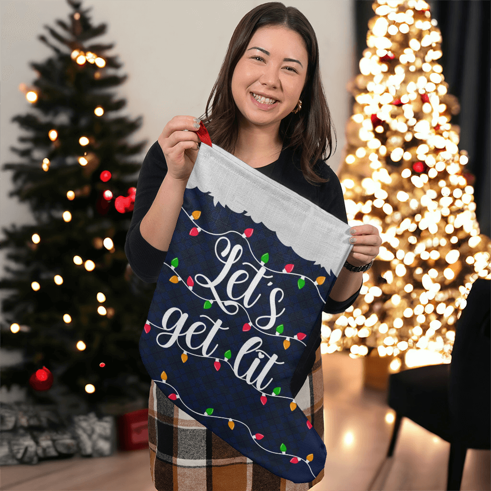 Let's Get Lit Navy Christmas Lights Giant Holiday Stocking, Festive Christmas Stocking Decor