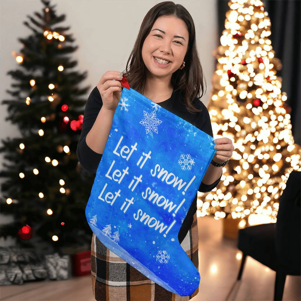 Let It Snow Giant Holiday Stocking, Blue Snowflake Christmas Stocking Decor