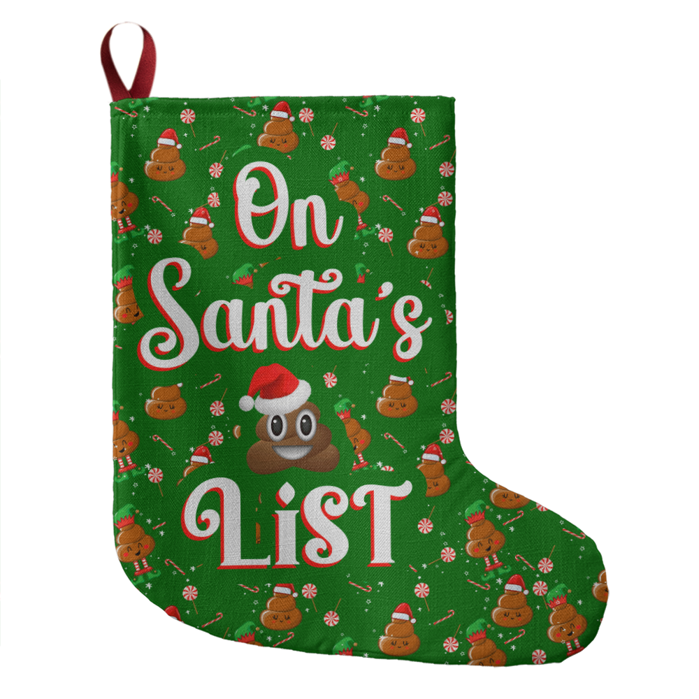 On Santa's List Giant Christmas Stocking, Funny Holiday Stocking Decor, Green Plaid Reindeer Gingerbread Print