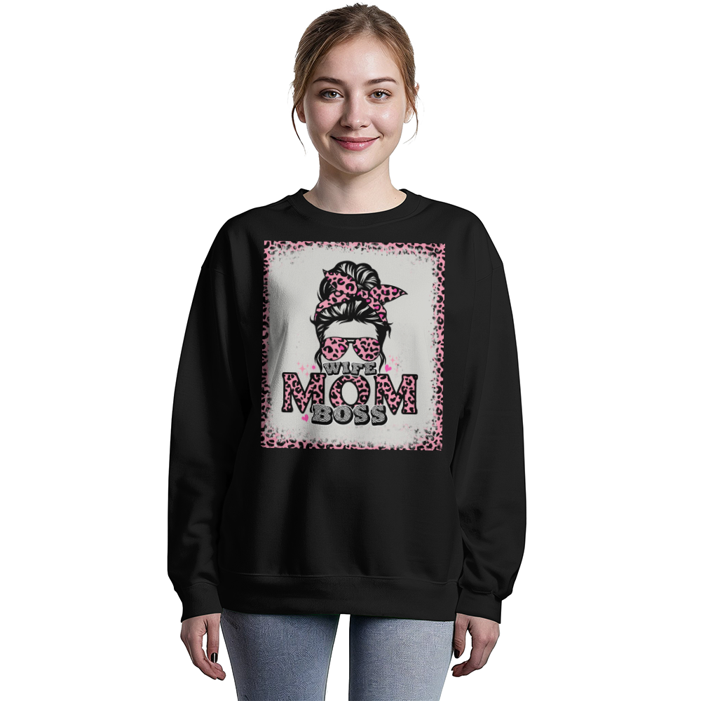 Wife Mom Boss Crewneck Sweatshirt, Leopard Print