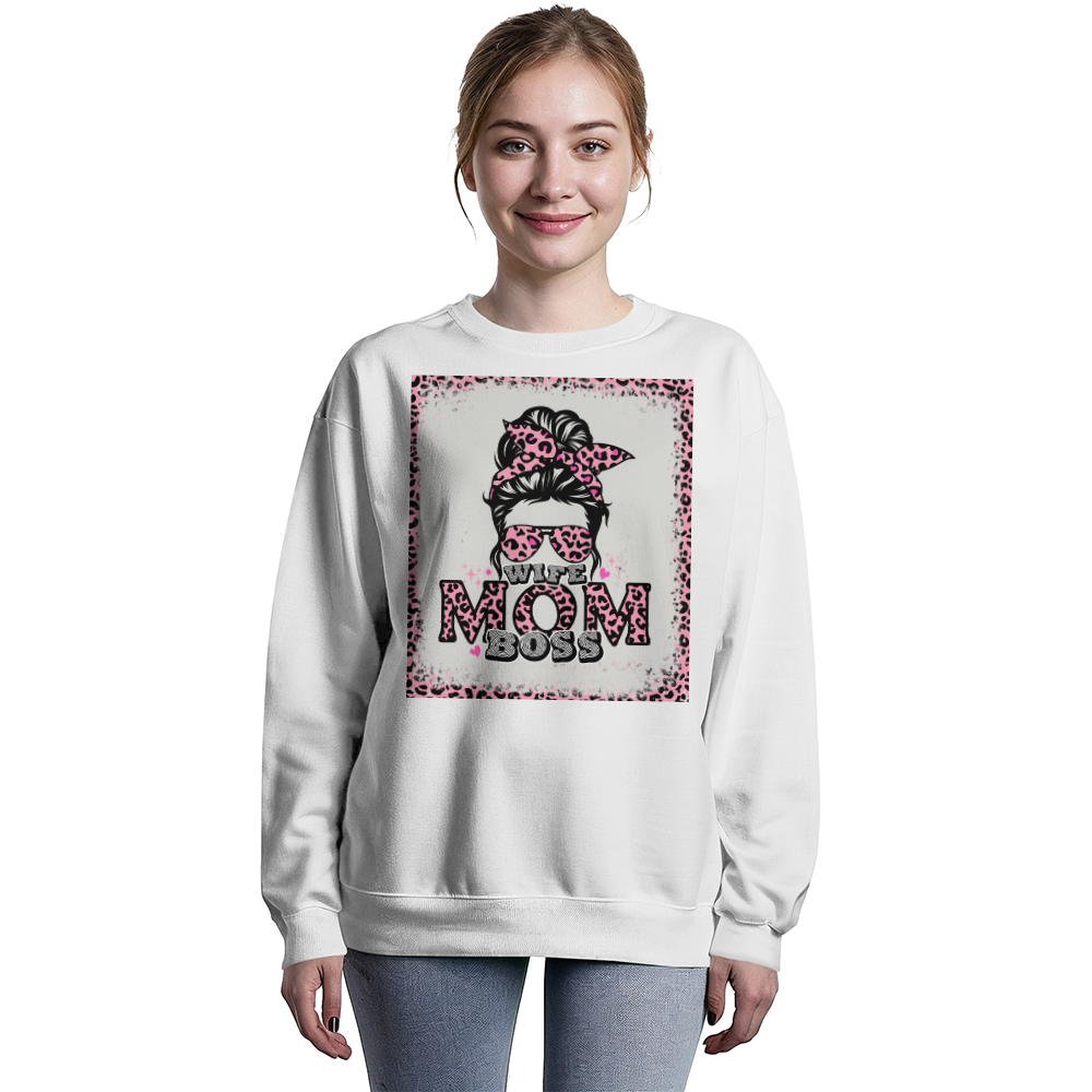 Wife Mom Boss Crewneck Sweatshirt, Leopard Print