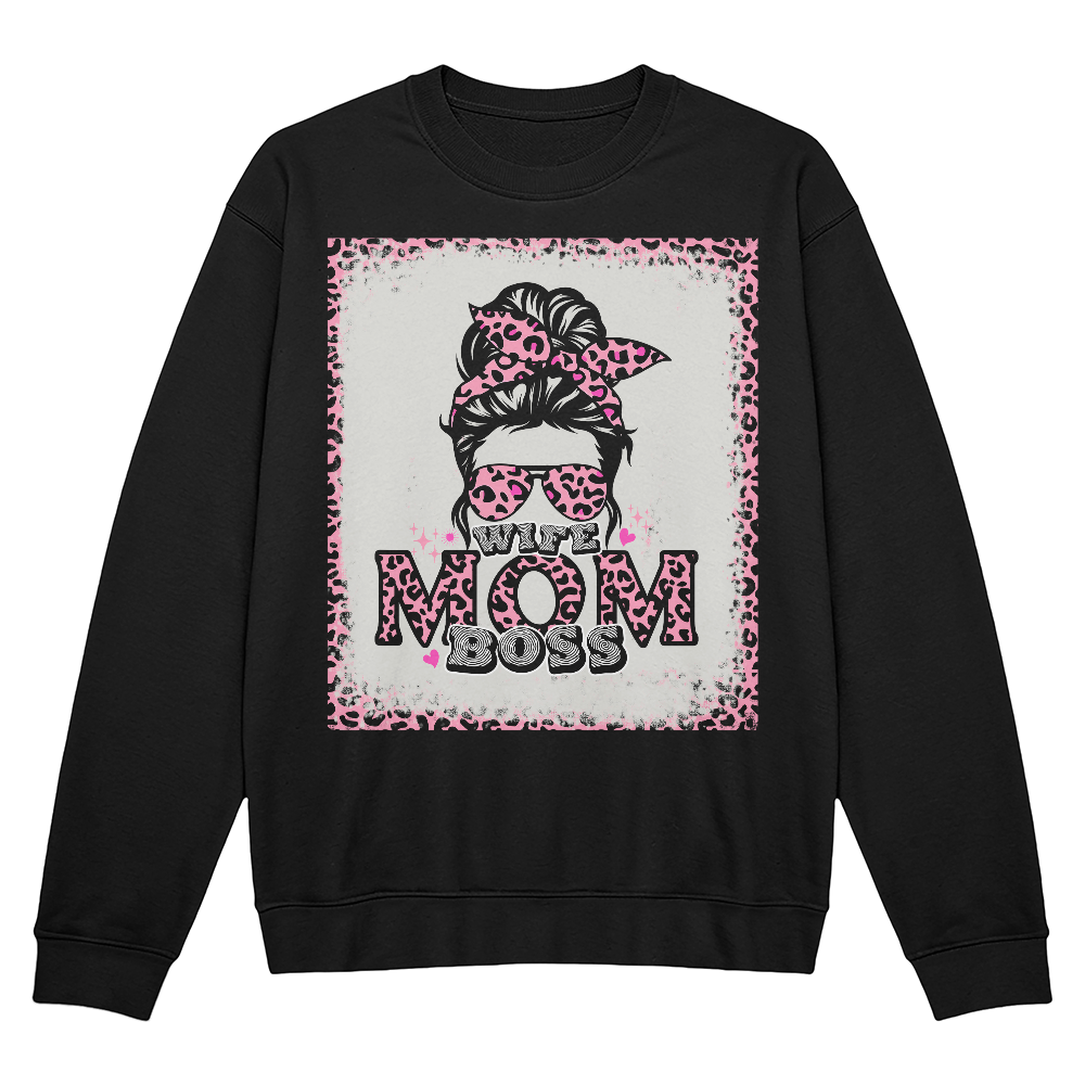 Wife Mom Boss Crewneck Sweatshirt, Leopard Print