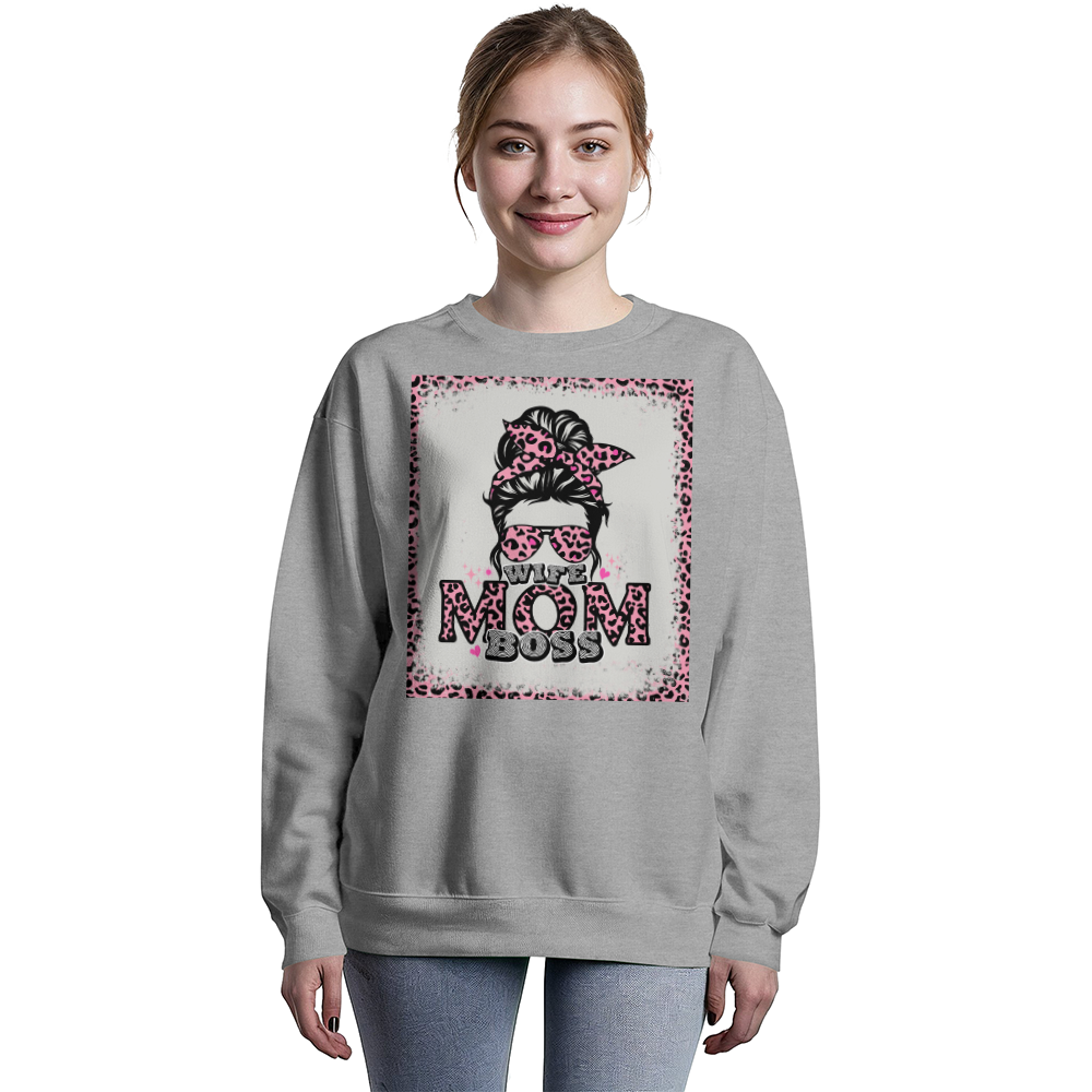 Wife Mom Boss Crewneck Sweatshirt, Leopard Print