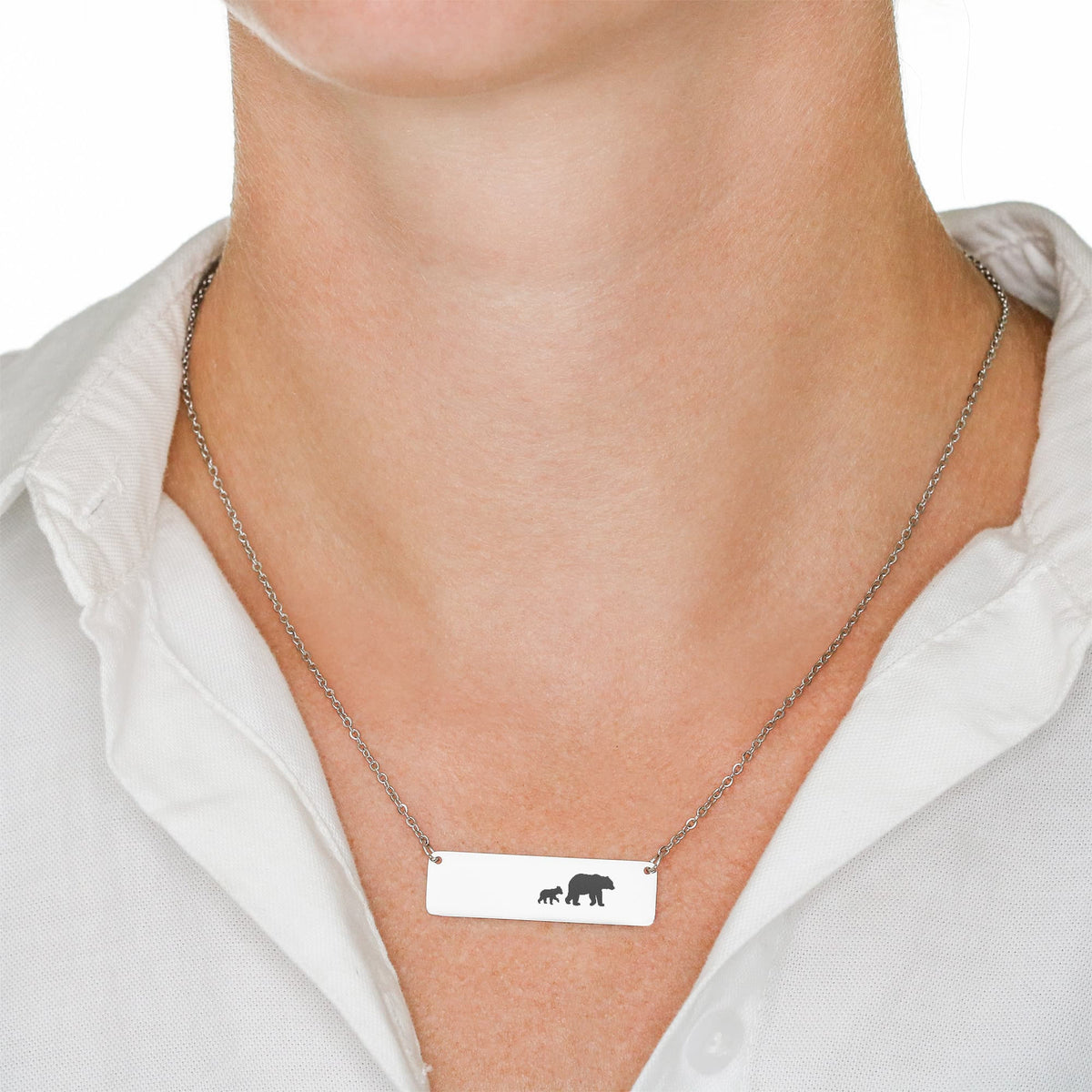 Bear Mother And 1 Baby Horizontal Bar Necklace, Engraved Family Necklace