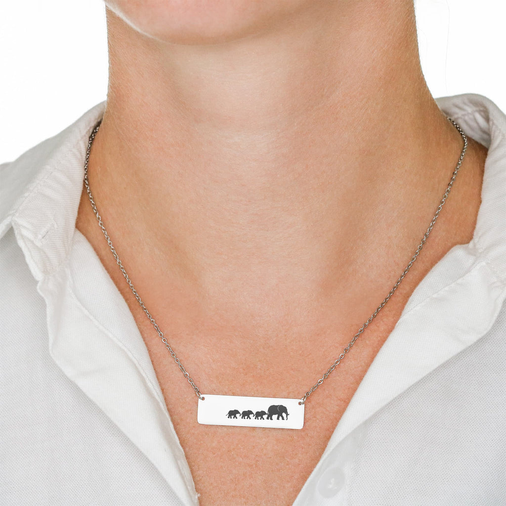 Elephant Mother And 3 Babies Horizontal Bar Necklace, Engraved Family Necklace