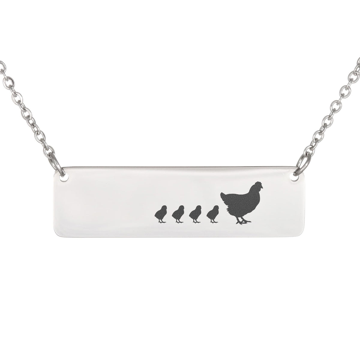 Chicken Mother And 4 Babies Horizontal Bar Necklace, Engraved Family Necklace