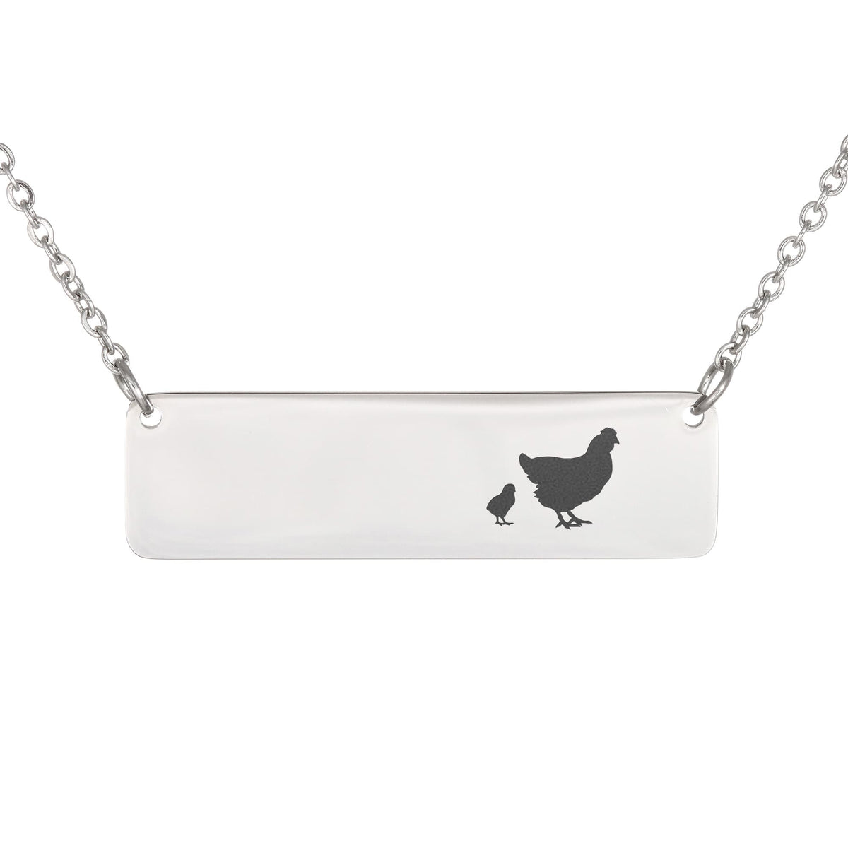 Chicken Mother And 1 Baby Horizontal Bar Necklace, Engraved Family Necklace